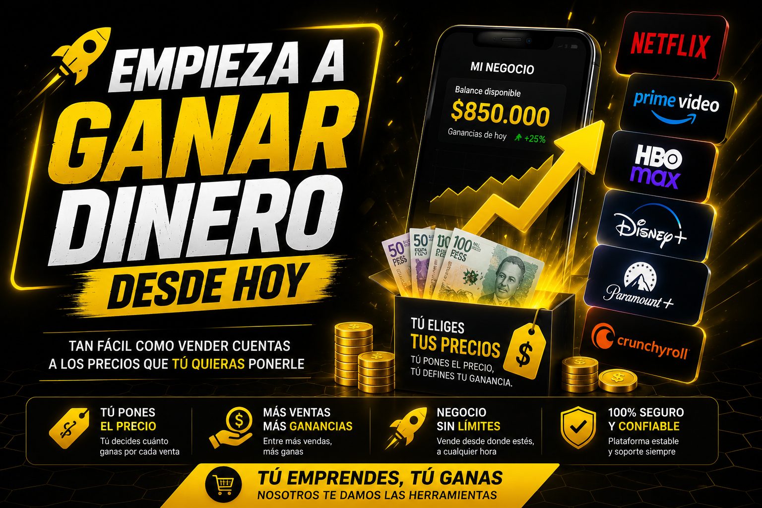 Empieza a ganar dinero desde hoy. Tan fácil como vender cuentas a los precios que tú quieras ponerle: tú pones el precio, más ventas más ganancias, negocio sin límites, 100% seguro y confiable.